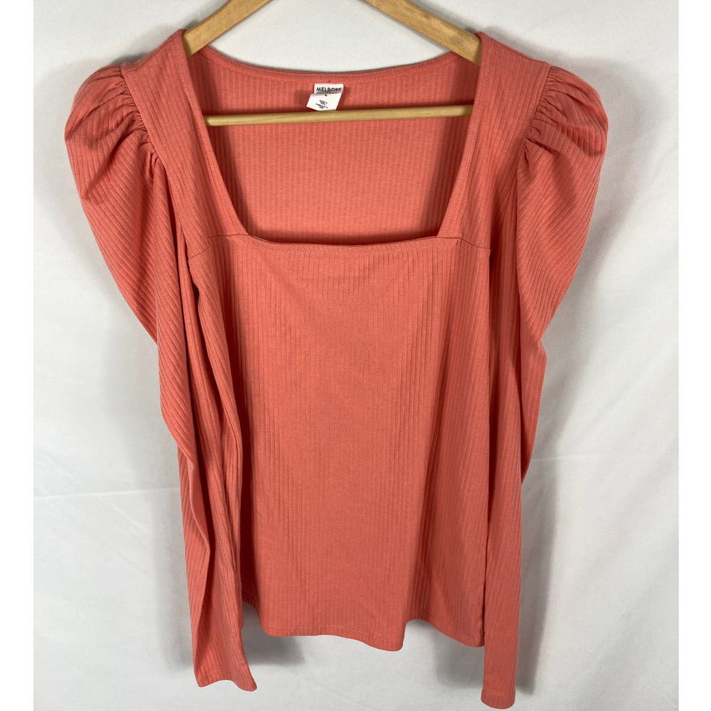 Melrose and Market Coral Square-Neck Ribbed Puff-Sleeve Top